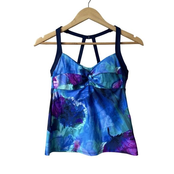 Title Nine Swimsuit Tankini Top Navy Purple Floral Watercolor 32C Underwire - Picture 1 of 10
